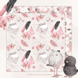 May include: A digital paper pack with a pink and grey colour scheme. The pattern features envelopes, feathers, and flowers. The text "Phantasi Design 2018 All Rights Reserved" is at the bottom of the image.