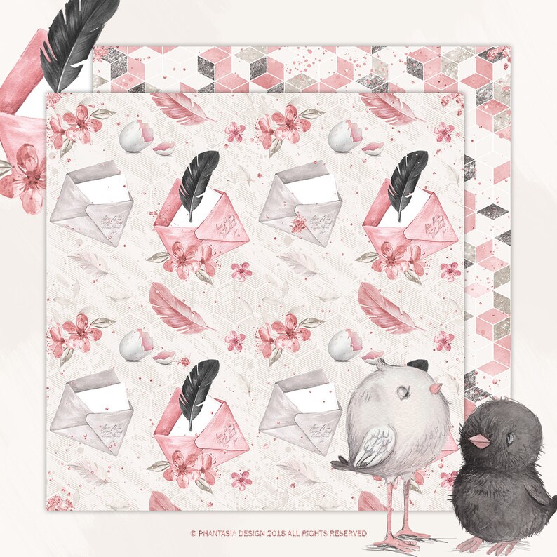 May include: A digital paper pack with a pink and grey colour scheme. The pattern features envelopes, feathers, and flowers. The text "Phantasi Design 2018 All Rights Reserved" is at the bottom of the image.