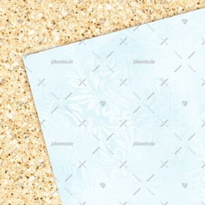 May include: A light blue background with a white marbled pattern. The background is overlaid with a white grid pattern with a white 'X' at each intersection.