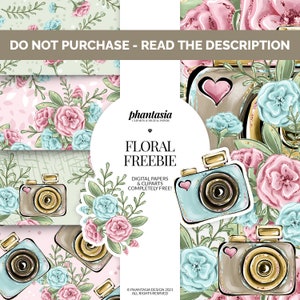 May include: Four digital paper designs featuring vintage cameras with floral accents. The papers are in shades of pink, blue, and green. The text "Floral Freebie" is in a white box with a black border.