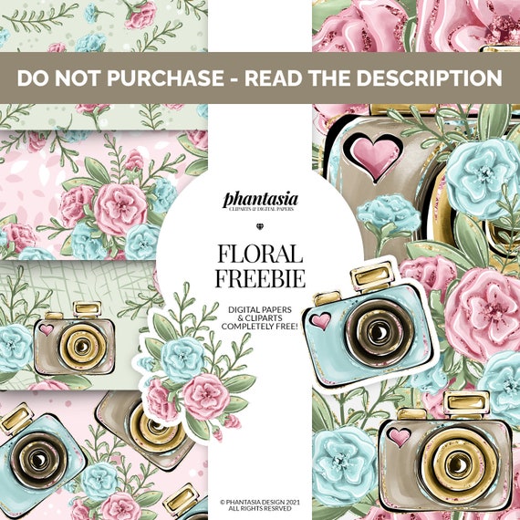 Floral Freebie, Camera Clipart, Floral Pattern, Camera Pattern, Seamless Pattern, Free Pattern, Camera Png, Watercolor Clipart