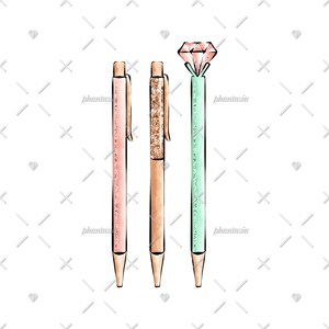 May include: Three pens with glitter accents. The pens are pink, brown, and green. The green pen has a diamond-shaped topper.