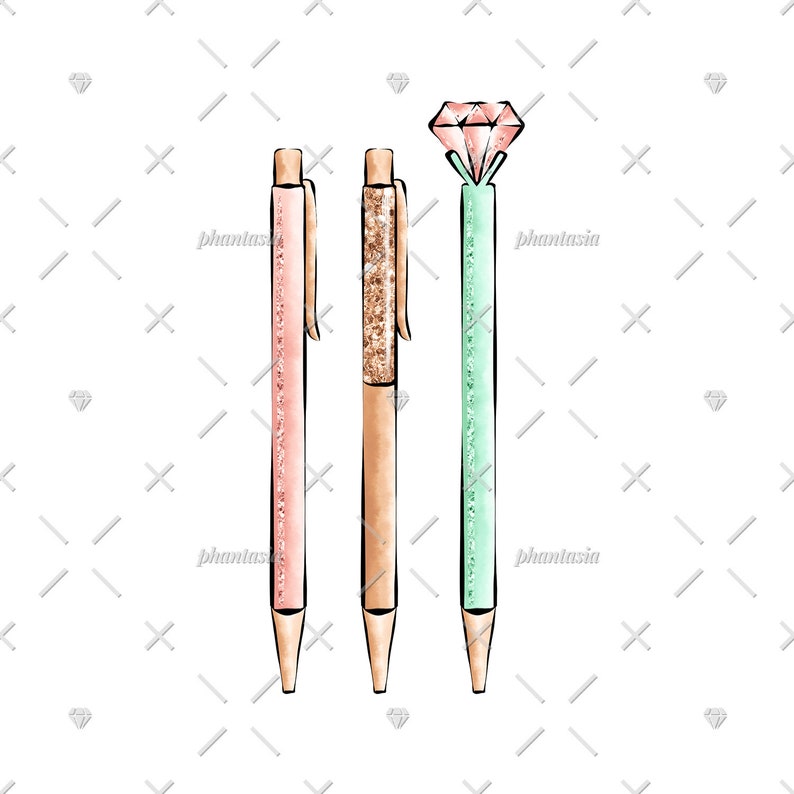 May include: Three pens with glitter accents. The pens are pink, brown, and green. The green pen has a diamond-shaped topper.