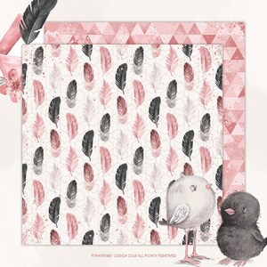 May include: A digital paper pack featuring a pink and white feather pattern. The pack also includes a pink and white geometric pattern. Two cartoon birds are in the bottom right corner of the image. The text "&copy; PHANTASIA DESIGN 2018 ALL RIGHTS RESERVED" is at the bottom of the image.