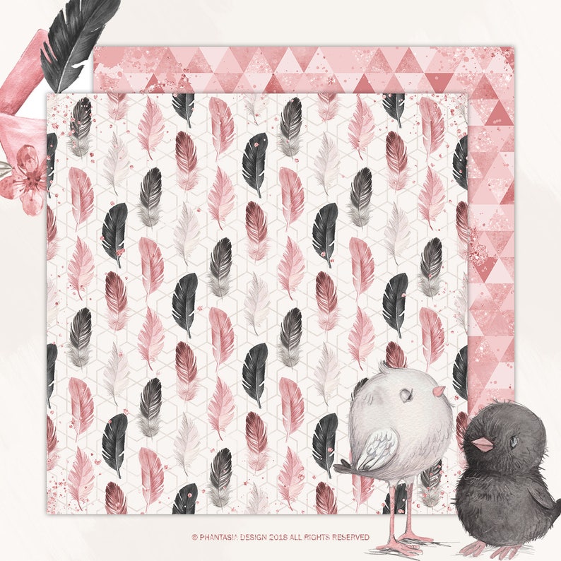 May include: A digital paper pack featuring a pink and white feather pattern. The pack also includes a pink and white geometric pattern. Two cartoon birds are in the bottom right corner of the image. The text "&copy; PHANTASIA DESIGN 2018 ALL RIGHTS RESERVED" is at the bottom of the image.