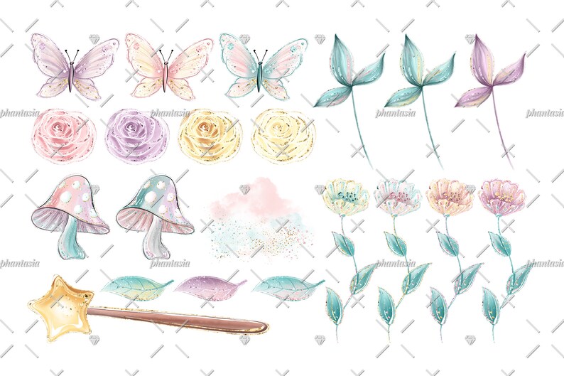 May include: A set of watercolor illustrations featuring butterflies, flowers, mushrooms, and leaves. The illustrations are in shades of pink, purple, blue, and green.