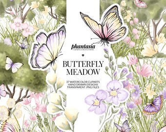 Butterflies Watercolor Cliparts, Spring Butterfly, Pastel Butteflies, Watercolor Meadow, Whimsical Cliparts, Planner Cliparts, Hand Drawn