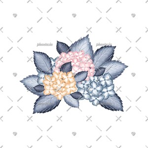 K&ouml;nnte beinhalten: Ein Strau&szlig; aus drei Hortensienbl&uuml;ten in Blaut&ouml;nen, Rosa und Gelb. Die Bl&uuml;ten sind in einer Traube mit dunkelblauen Bl&auml;ttern angeordnet.