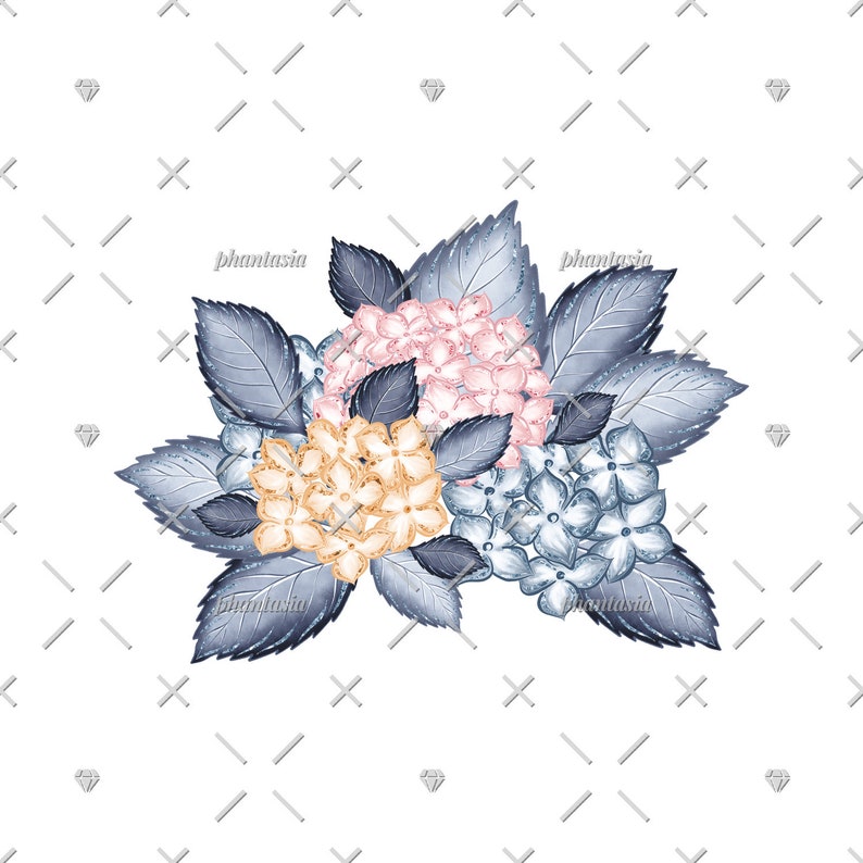K&ouml;nnte beinhalten: Ein Strau&szlig; aus drei Hortensienbl&uuml;ten in Blaut&ouml;nen, Rosa und Gelb. Die Bl&uuml;ten sind in einer Traube mit dunkelblauen Bl&auml;ttern angeordnet.