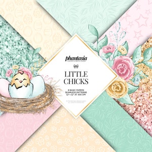 May include: A set of eight digital paper patterns featuring a pastel color palette with a chick hatching from an egg, flowers, and glitter. The papers are 12 inches by 12 inches and 300 DPI.