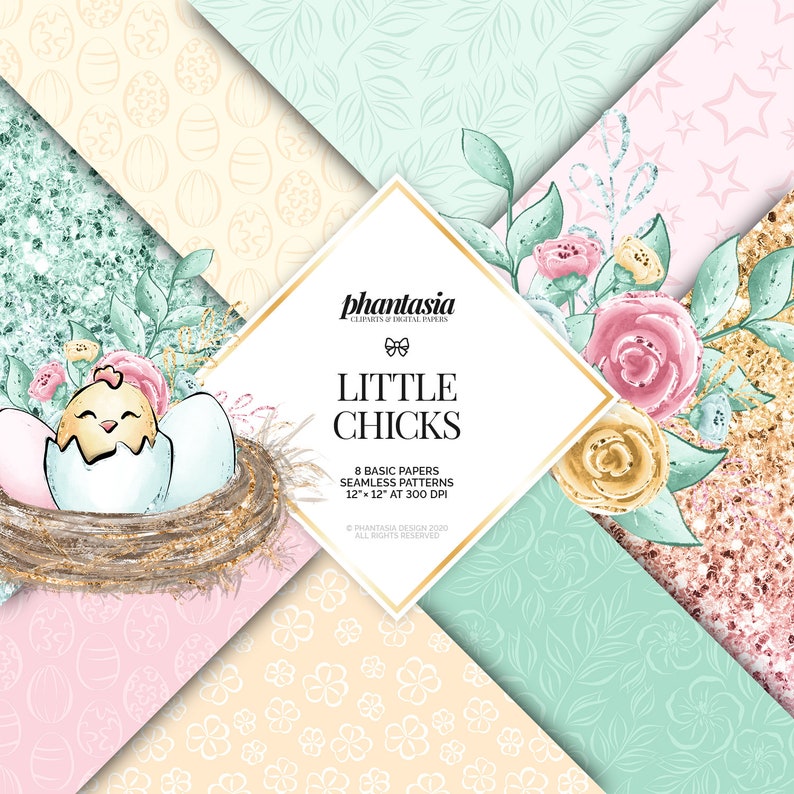 May include: A set of eight digital paper patterns featuring a pastel color palette with a chick hatching from an egg, flowers, and glitter. The papers are 12 inches by 12 inches and 300 DPI.