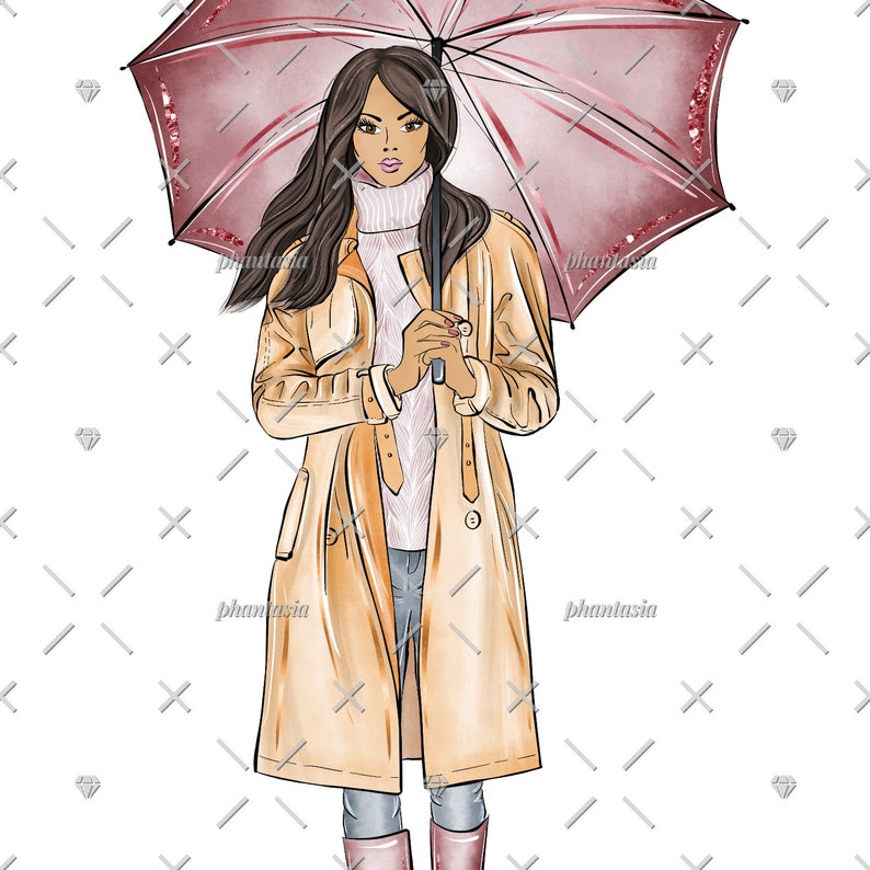 K&ouml;nnte beinhalten: Eine Frau tr&auml;gt einen beigefarbenen Trenchcoat, einen wei&szlig;en Rollkragenpullover und eine blaue Jeans und h&auml;lt einen rosafarbenen Regenschirm mit Glitzerakzenten.