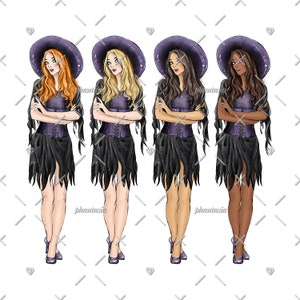 May include: Four illustrations of witches with different skin tones and hair colors. Each witch wears a black dress with a torn skirt, a purple corset, and a wide-brimmed purple hat. They are all wearing purple heels and have their arms crossed.