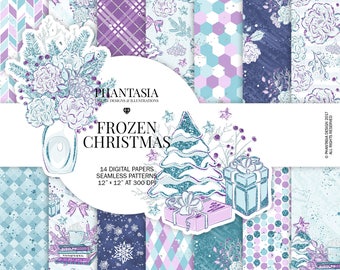 Frozen Christmas Digital Paper Pack, Christmas Digital Paper, Christmas Tree, Christmas Ornaments, Biue and Purple Scrapbooking Paper