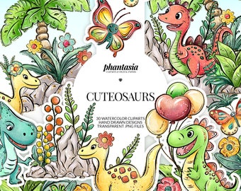 Dinosaurs Watercolor Clipart, Dino Clipart, Cute Clipart, Dino Graphics, Nursery Decor, Kids Clipart, Dinosaur Png, Cute Flowers