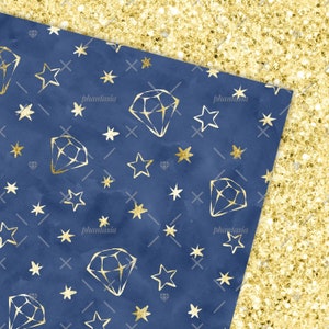 May include: A seamless pattern featuring gold diamonds and stars on a dark blue background. The pattern is ideal for crafting projects, scrapbooking, and digital design.