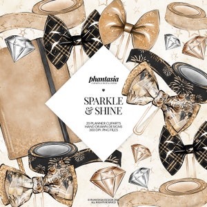 New Year Planner Cliparts, Bow Paperclip, Bow Cliparts, Diamond Cliparts, Planner Illustration, Gold And Black, Hand Drawn Cliparts