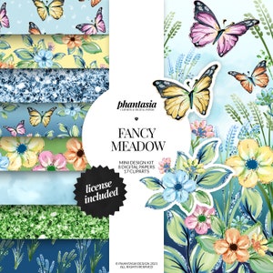 Fancy Meadow Clipart Bundle, Meadow Digital Papers, Butterfly Watercolor Clipart, Seamless Patterns, Floral Kit, Butterfly Png