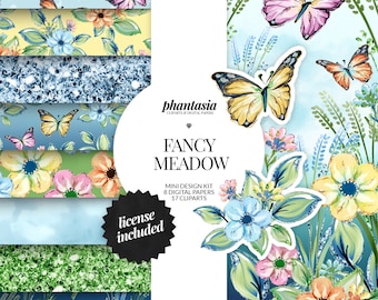 Fancy Meadow Clipart Bundle, Meadow Digital Papers, Butterfly Watercolor Clipart, Seamless Patterns, Floral Kit, Butterfly Png