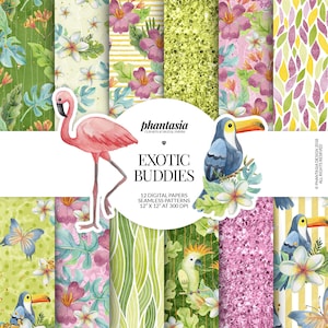 Exotic Birds Digital Papers, Exotic Flowers, Flowers Digital Paper, Floral Paper, Tropical Patterns, Exotic Glitter,  Flamingo Digital