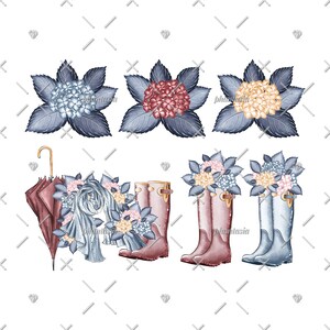 K&ouml;nnte beinhalten: Ein Set aus vier Aquarell-Illustrationen mit Hortensien und Gummistiefeln. Die Hortensien sind in Blaut&ouml;nen, Rosa und Gelb gehalten. Die Gummistiefel sind in Rot- und Blaut&ouml;nen gehalten.