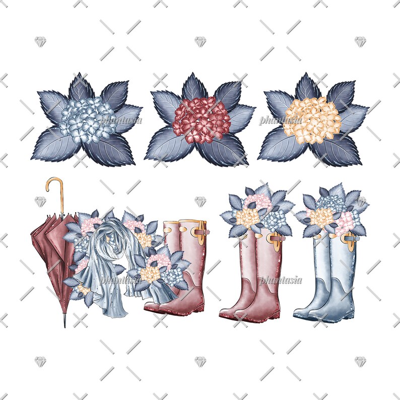 K&ouml;nnte beinhalten: Ein Set aus vier Aquarell-Illustrationen mit Hortensien und Gummistiefeln. Die Hortensien sind in Blaut&ouml;nen, Rosa und Gelb gehalten. Die Gummistiefel sind in Rot- und Blaut&ouml;nen gehalten.