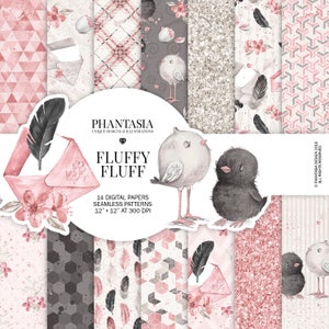 Pacote de papel digital de passarinhos, papel digital de pintinhos, padrão de pássaros, penas sem costura, rosa e bege, papel de scrapbooking de passarinhos