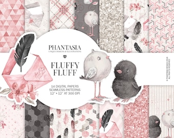 Little Birds Digital Paper Pack, Chicks Digital Paper, Birds Pattern, Feathers Seamless, Pink and Beige, Little Birds Scrapbooking Paper