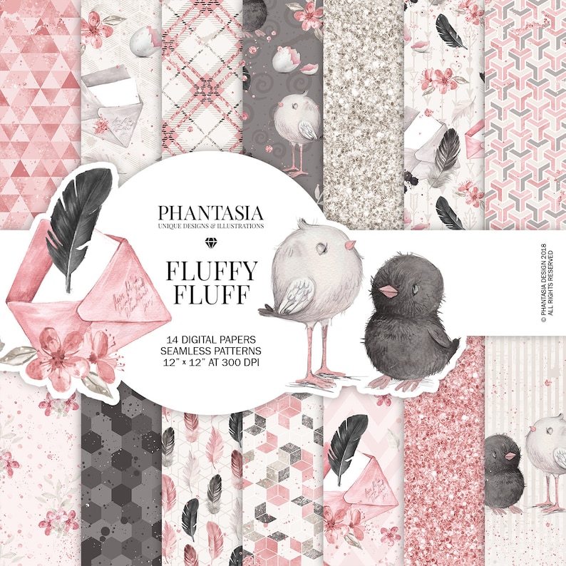 May include: A set of 14 digital papers featuring seamless patterns with pink, grey, and white geometric designs, feathers, and birds. The papers are 12 inches by 12 inches at 300 DPI. The text "PHANTASIA UNIQUE DESIGNS & ILLUSTRATIONS FLUFFY FLUFF" is at the top of the image.