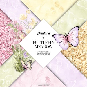 May include: A digital paper pack with 8 seamless patterns featuring butterflies and flowers in shades of pink, yellow, and green. The patterns are 12 inches by 12 inches at 300 DPI. The text "phantasia CLIPARTS & DIGITAL PAPERS BUTTERFLY MEADOW 8 BASIC PAPERS SEAMLESS PATTERNS 12"x12" AT 300 DPI PHANTASIA DESIGN 2018 ALL RIGHTS RESERVED" is included in the image.