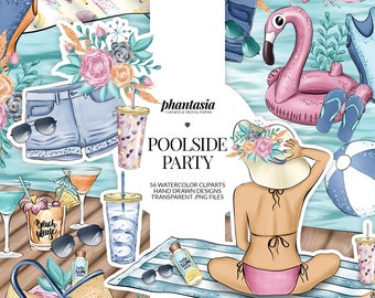 Poolside Watercolor Cliparts, Summer Cliparts, Pool Party, Beach Cliparts, Swimming Clipart, Summer Watercolor, Summer Planner
