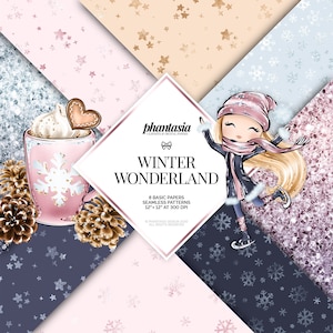 Könnte beinhalten: Ein digitales Papierpaket mit 8 winterlichen Mustern. Die Muster zeigen Schneeflocken, Sterne und Glitzer. Das Paket enthält ein Mädchen beim Schlittschuhlaufen, eine Tasse heiße Schokolade mit einem Lebkuchen und Tannenzapfen. Der Text "Winter Wonderland" befindet sich in der Mitte des Bildes.
