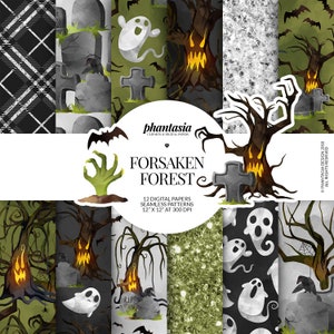 May include: A set of 12 digital papers featuring spooky Halloween themes. The papers include images of ghosts, trees, bats, and tombstones. The papers are 12 inches by 12 inches and 300 DPI.