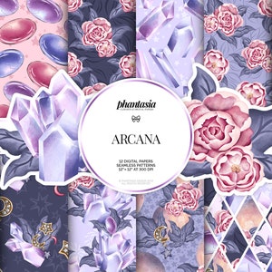 Arcana Digital Papers, Zodiac Digital, Crystals Pattern, Hand Drawn Patterns, Watercolor Crystals, Magic Patterns, Astrology Digital