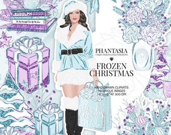 Frozen Christmas Watercolor Clipart, Winter Clipart, Christmas Tree Clipart, Xmas Elements, Gifts, Books, Ornaments, Flowers, Xmas Clipart