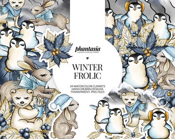 Winter Animals Watercolor Cliparts, Cute Winter Cliparts, Winter Illustrations, Cute Polar Bears, Cute Penguins, Cute Rabbits