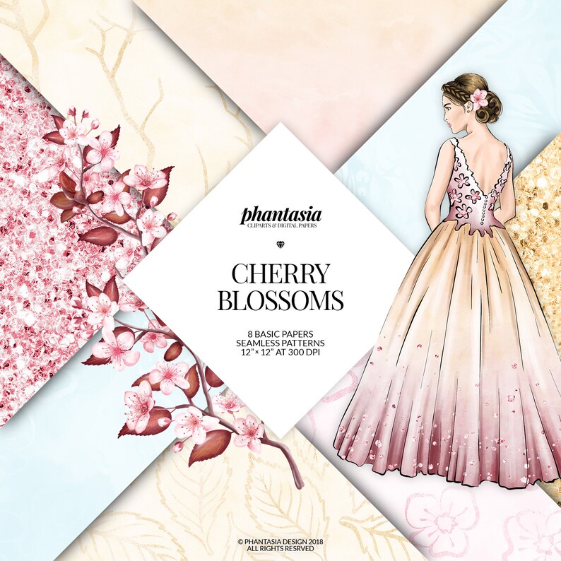 May include: A digital paper pack with 8 seamless patterns featuring cherry blossoms in pink and white. The patterns are 12 inches by 12 inches at 300 DPI. The pack also includes a digital illustration of a woman wearing a pink and white dress with cherry blossoms.