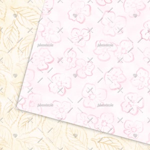 May include: A seamless pattern featuring delicate pink flowers on a light pink background. The flowers are outlined in a darker pink and have a watercolor effect.