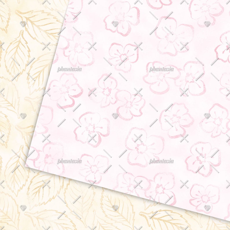 May include: A seamless pattern featuring delicate pink flowers on a light pink background. The flowers are outlined in a darker pink and have a watercolor effect.