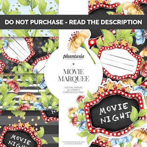 Könnte beinhalten: Ein digitales Papierpaket mit einem Kinoplakat-Thema. Das Paket enthält eine Vielzahl von Mustern, darunter ein schwarz-weiß gestreiftes Muster, ein schwarz-weißes Punkte-Muster und ein Blumenmuster. Das Paket enthält auch ein Kinoplakat-Clipart mit dem Text "Filmabend".