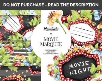 Cinema Freebie, Movie Marquee Clipart, Cinema Pattern, Seamless Pattern, Free Pattern, Free Png, Watercolor Clipart, Cinema Clipart