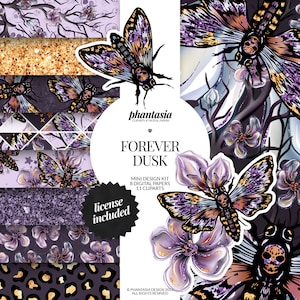 May include: A digital paper pack with 8 digital papers and 11 clipart images. The design features a purple and gold moth with a skull on its head, flowers, and glitter. The text "Forever Dusk" is in the center of the image. The text "phantasia" is in the upper right corner of the image. The text "license included" is in the lower left corner of the image.