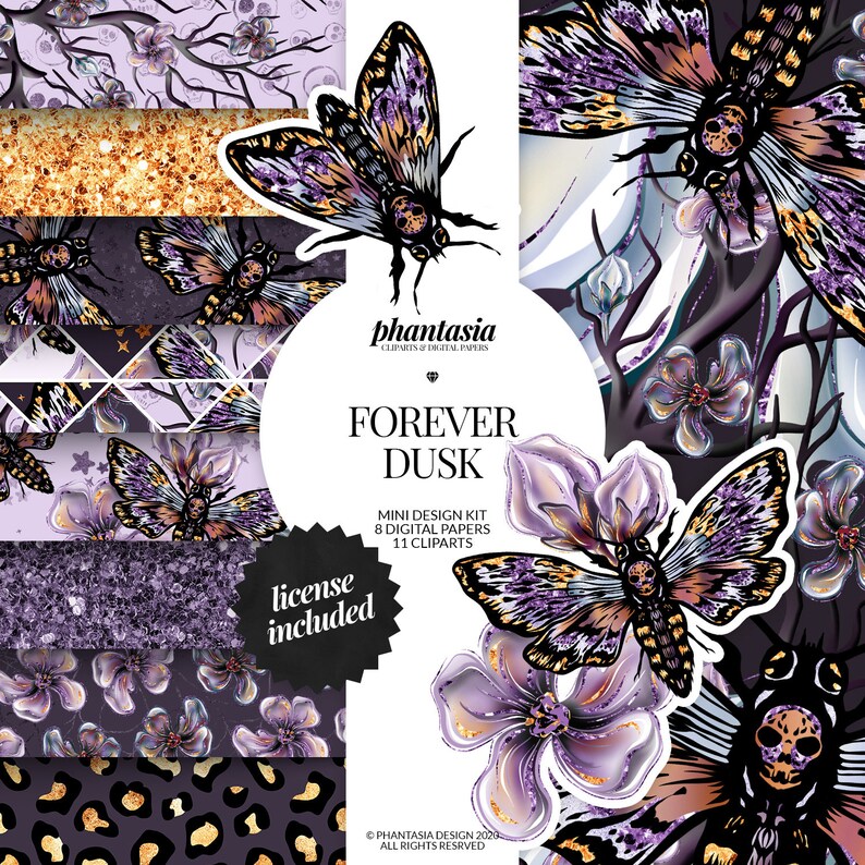 May include: A digital paper pack with 8 digital papers and 11 clipart images. The design features a purple and gold moth with a skull on its head, flowers, and glitter. The text "Forever Dusk" is in the center of the image. The text "phantasia" is in the upper right corner of the image. The text "license included" is in the lower left corner of the image.