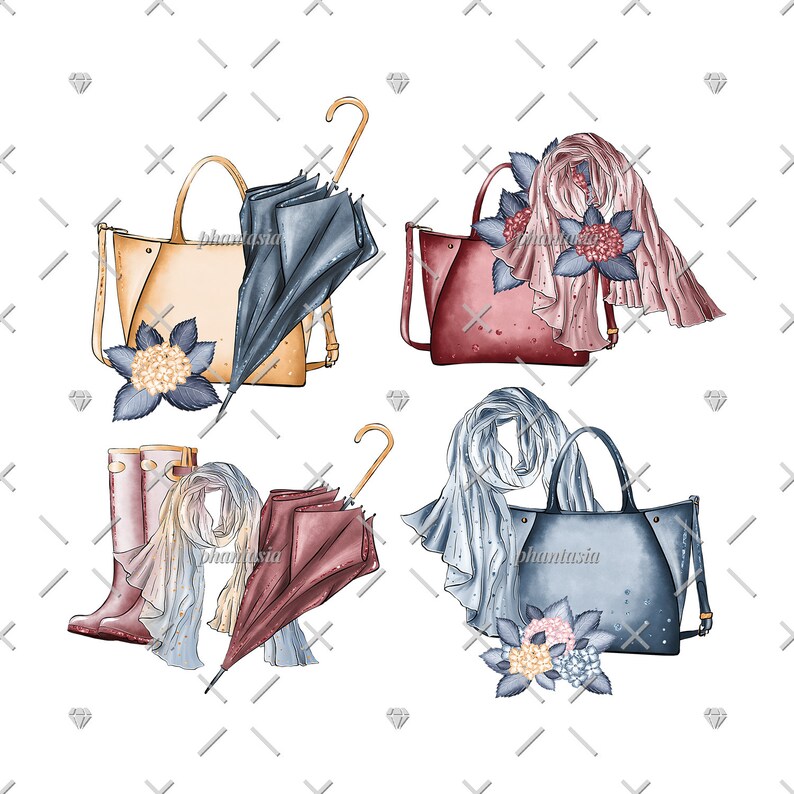 K&ouml;nnte beinhalten: Vier verschiedene Sets mit Herbstmode-Accessoires. Jedes Set enth&auml;lt eine Handtasche, einen Schal, einen Regenschirm und eine Blume. Die Handtaschen sind in Beige, Burgunderrot und Blau. Die Schals sind in Rosa, Blau und Wei&szlig;. Die Regenschirme sind in Blau, Burgunderrot und Grau. Die Blumen sind in Wei&szlig; und Rosa.
