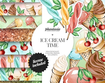 Ice Cream Clipart Bundle, Ice Cream Digital Papers, Ice Cream Watercolor Clipart, Seamless Patterns, Ice Cream Kit, Popsicle Png