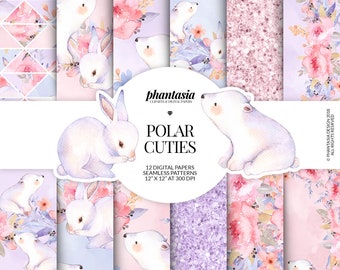 Polar Animals Digital Papers, Polar Bear Pattern, Snow Bunny, Winter Digital Paper, Christmas Patterns, Winter Stickers,  Christmas Planner