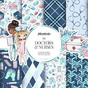May include: A set of 12 digital paper patterns featuring a variety of medical and healthcare themes. The patterns include illustrations of pills, bandages, stethoscopes, first aid kits, and flowers. The patterns are in a variety of colors, including blue, green, pink, and white. The patterns are seamless and can be used for a variety of projects, such as scrapbooking, card making, and digital design.