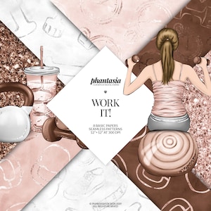 Puede incluir: Un paquete de papel digital con 8 patrones sin costuras que muestran a una mujer haciendo ejercicio con mancuernas, una botella de agua y una pesa rusa. Los patrones son en tonos de marrón, rosa y blanco con una textura brillante. El texto "Work It!" aparece en la imagen.