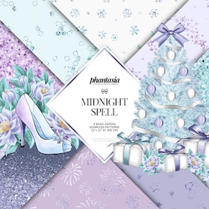 Könnte beinhalten: Eine Sammlung von acht nahtlosen digitalen Papieren mit Winterthema. Die Papiere zeigen Schneeflocken, einen Weihnachtsbaum, Geschenke und einen High-Heel-Schuh. Die Farbpalette umfasst Blau-, Lila- und Weißtöne. Der Text auf dem Bild lautet "MIDNIGHT SPELL".
