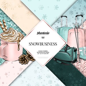 Könnte beinhalten: Ein digitales Papierpaket mit 8 nahtlosen Mustern mit winterlichen Illustrationen. Die Muster beinhalten Schneeflocken, eine heiße Schokolade mit Schlagsahne, eine Reisetasche, Skistöcke und Koffer. Der Text "SNOWBUSINESS" ist in der Mitte des Bildes zu sehen.